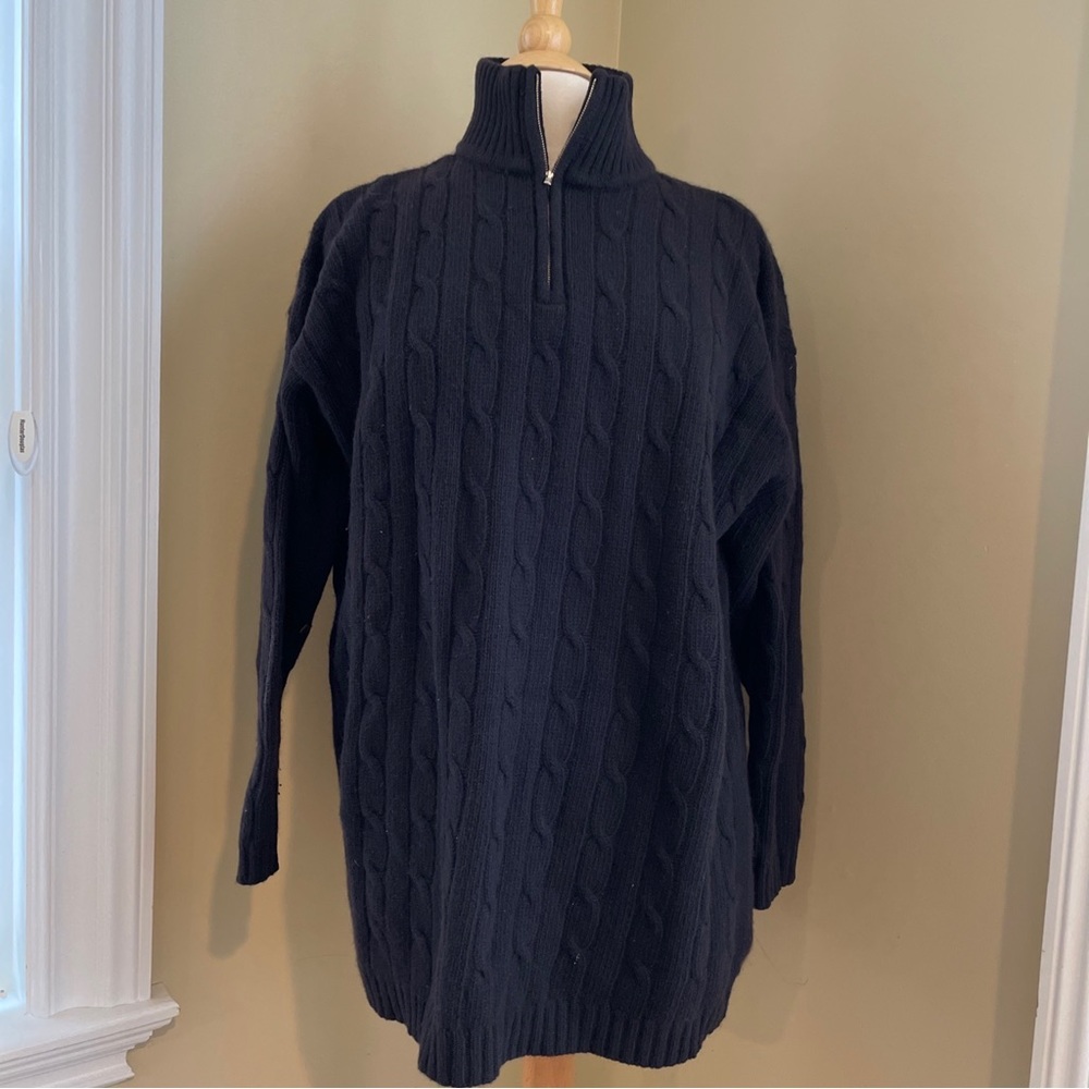 EUC Lauren Ralph Lauren 1/4 zip sweater cableknit wool cashmere BLACK large Over